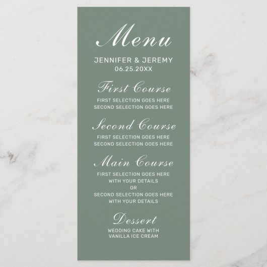 Modern Sage Green Elegant White Script Wedding Menu (Voorkant)
