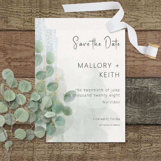 Modern Sage Green Eucalyptus & Gold Wedding Save The Date