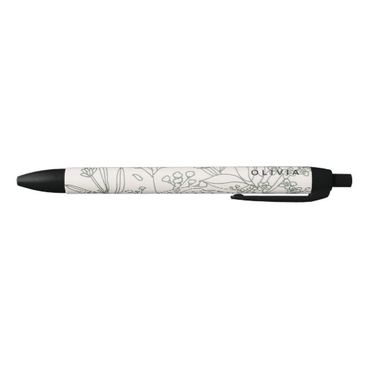 Modern Sage Green Flowers Herbs Boho Pattern Zwarte Inkt Pen (Bodem)