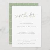 Modern Sage Green Geometric Pattern Script Weddens Save The Date (Voorkant / Achterkant)