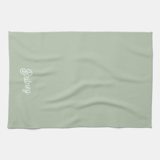 Modern Sage Green gepersonaliseerd monogram en naa Theedoek (Horizontaal)