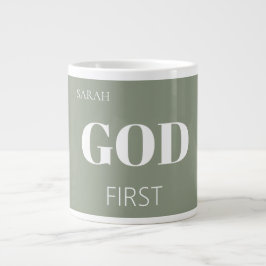 Modern Sage Green God First Faith Saying Slogan  Extra Grote Beker