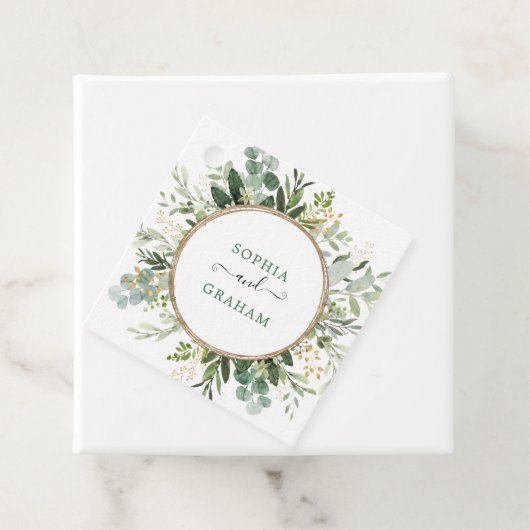 Modern Sage Green Gold Eucalyptus Weddenschap Bedankjes Labels (In situ)