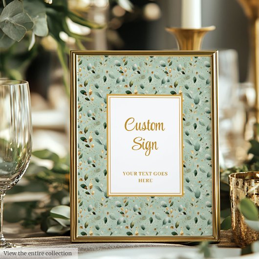Modern Sage Green Gold Foliage Wedding Custom Sign Poster