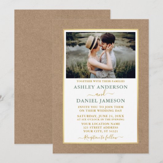 Modern Sage Green Gold Kraft Wedding Kaart (Voorkant / Achterkant)