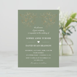 Modern Sage Green Gold Line Art Flowers Wedding Kaart