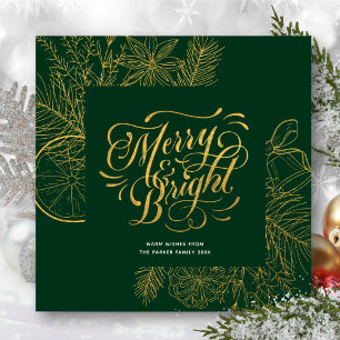 Modern Sage Green Gold Script Pine Bough Floral Feestdagenkaart