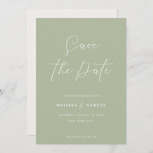 Modern Sage Green Handwrite Script Wedding Save The Date (Voorkant / Achterkant)