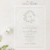 Modern Sage Green Leafy Crest Monogram Weddenschap Acryl Uitnodigingen