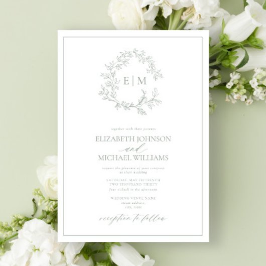 Modern Sage Green Leafy Crest Monogram Weddenschap Kaart