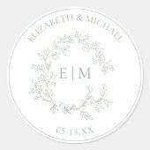 Modern Sage Green Leafy Crest Monogram Weddenschap Ronde Sticker (Voorkant)