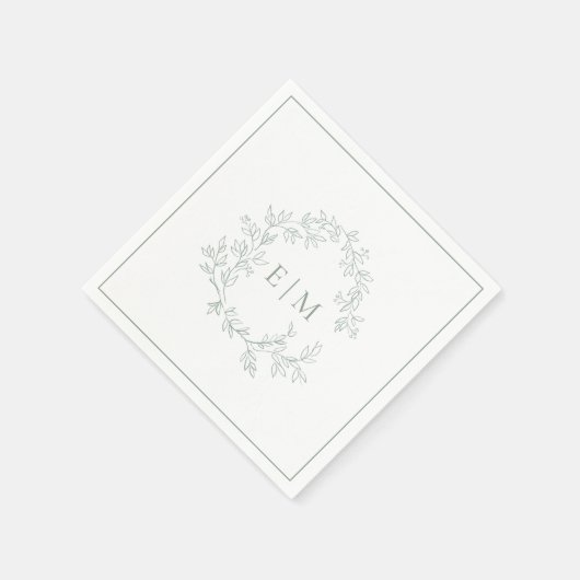 Modern Sage Green Leafy Crest Monogram Weddenschap Servet (Hoek)