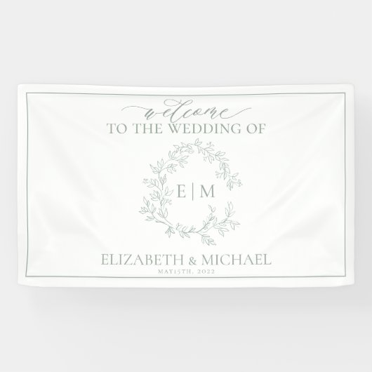 Modern Sage Green Leafy Crest Monogram Weddenschap Spandoek (Horizontaal)