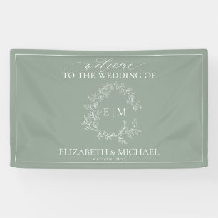 Modern Sage Green Leafy Crest Monogram Weddenschap Spandoek