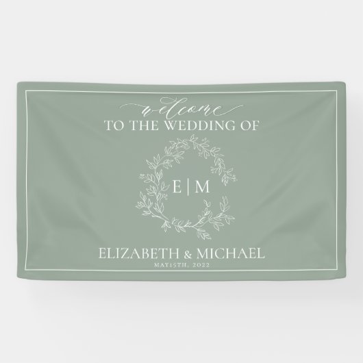 Modern Sage Green Leafy Crest Monogram Weddenschap Spandoek (Horizontaal)