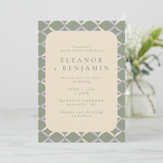 Modern Sage Green Lila Rustic Geometric Wedding Kaart (Staand voorkant)