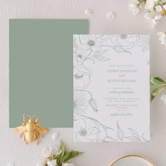 Modern Sage Green Line Art Floral Wedding Kaart
