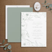 Modern Sage Green Line Art Floral Wedding Kaart