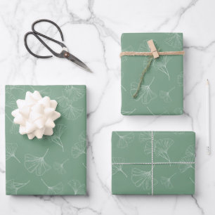 Modern Sage Green met White Ginkgo Biloba Leaves Inpakpapier Vel
