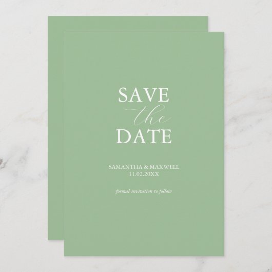 Modern Sage Green Minimal Save The Date (Voorkant / Achterkant)
