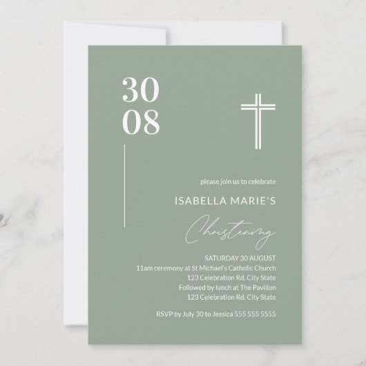 Modern Sage Green Minimalist Christening Kaart (Voorkant)
