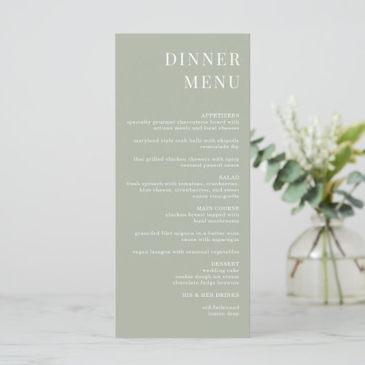 Modern Sage Green Minimalist Photo Dinner Menu (Staand voorkant)