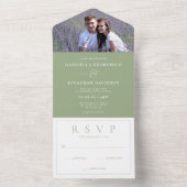 Modern Sage Green Photo Wedding RSVP All In One Uitnodiging (Binnen)