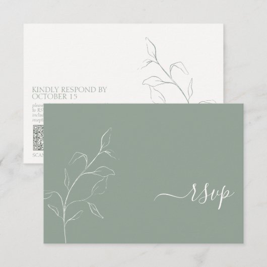 Modern Sage Green Script Botanical QR Code RSVP Kaartje (Voorkant / Achterkant)