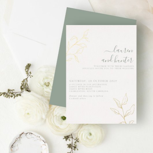 Modern Sage Green Script Botanical Wedding Gold Folie Uitnodiging