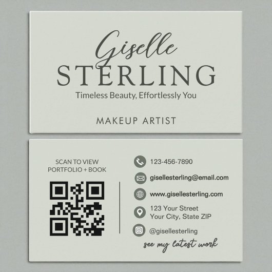 Modern Sage Green Script Elegante QR-code Visitekaartje