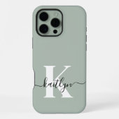 Modern Sage Green Script Monogram iPhone Hoesje (Achterkant)
