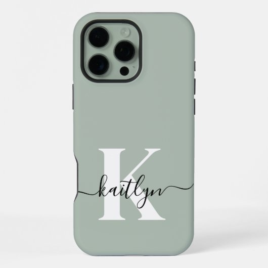 Modern Sage Green Script Monogram iPhone Hoesje (Achterkant)