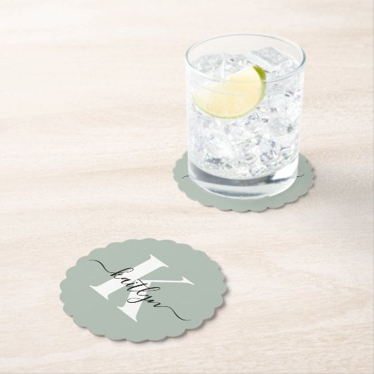 Modern Sage Green Script Monogram Kartonnen Onderzetters (Insitu)