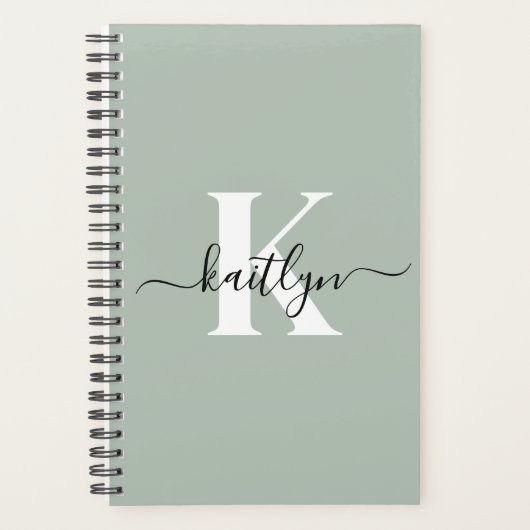 Modern Sage Green Script Monogram Planner (Voorkant)