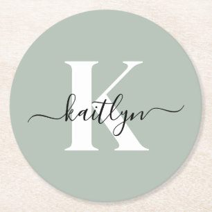 Modern Sage Green Script Monogram Ronde Kartonnen Onderzetter