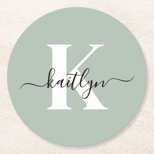 Modern Sage Green Script Monogram Ronde Kartonnen Onderzetter (Voorkant)