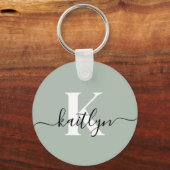 Modern Sage Green Script Monogram Sleutelhanger (Achterkant)
