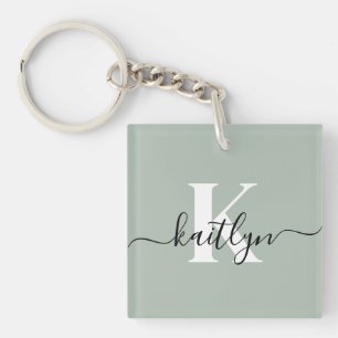 Modern Sage Green Script Monogram Sleutelhanger