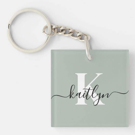 Modern Sage Green Script Monogram Sleutelhanger (Voorkant)