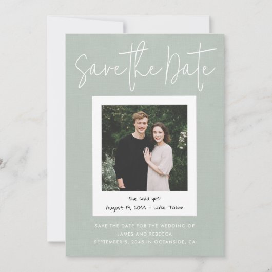 Modern Sage Green Snapshot Photo Save the Date Kaart (Voorkant)