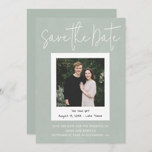 Modern Sage Green Snapshot Photo Save the Date Kaart (Voorkant / Achterkant)