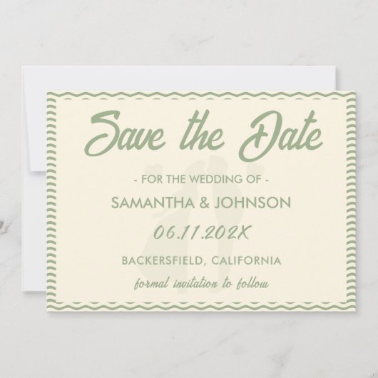 Modern Sage Green Wavy Stripe QR Code Wedding Save The Date (Voorkant)