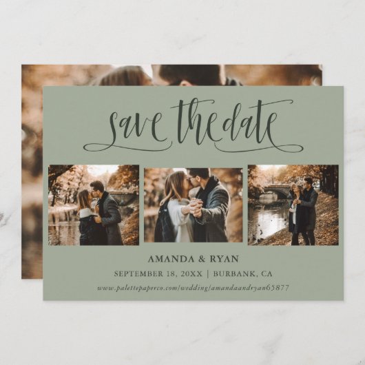 Modern Sage Green Wedding 4 Foto Save the Date (Voorkant / Achterkant)