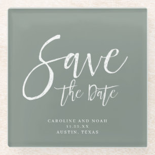 Modern Sage Green Wedding Save the Date Glazen Onderzetter