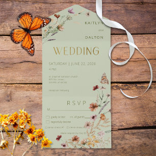 Modern Sage Green Wildflower Bouquet Dinner All In One Uitnodiging
