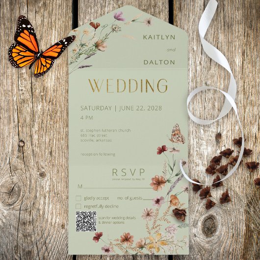 Modern Sage Green Wildflower Bouquet QR Code All In One Uitnodiging