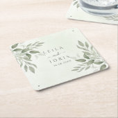 Modern Sage Greenery Wedding Coasters Vierkante Kartonnen Onderzetter (Schuin)