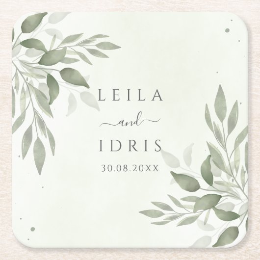 Modern Sage Greenery Wedding Coasters Vierkante Kartonnen Onderzetter (Voorkant)