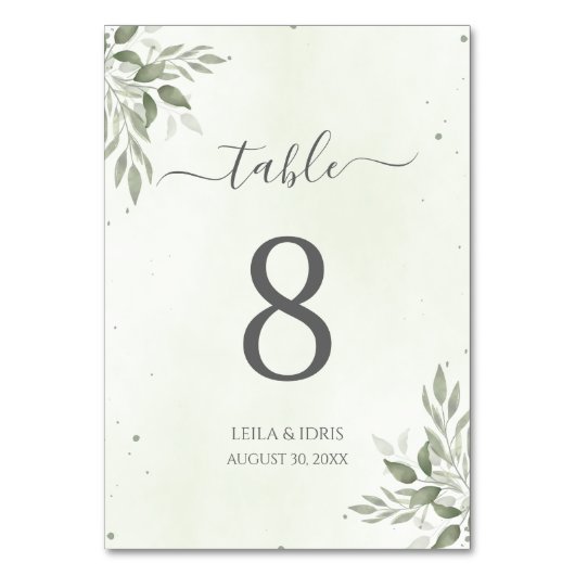 Modern Sage Greenery Wedding Table Numbers Kaart (Voorkant)