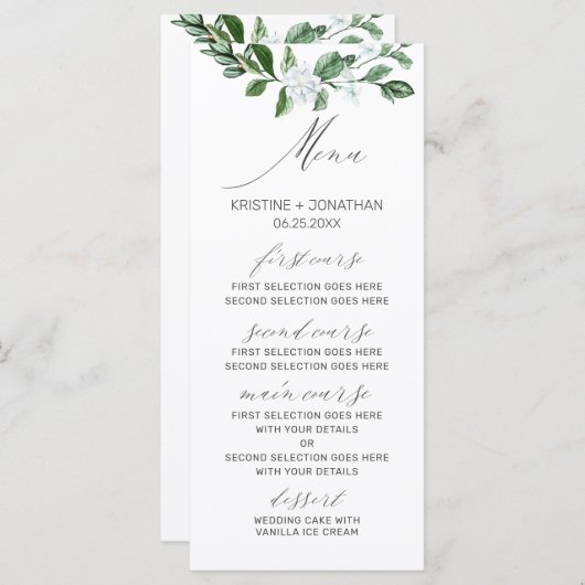 Modern Sage groen wit bloemenbruiloft Menu (Voorkant / Achterkant)